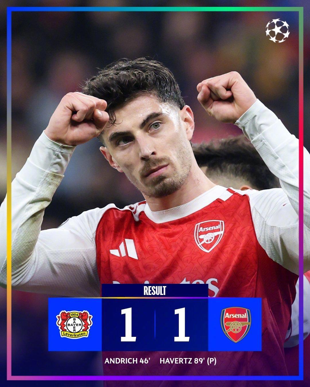 开云app-热闻|哈弗茨点球绝平旧主！阿森纳1-1勒沃库森，欧冠8连胜终结